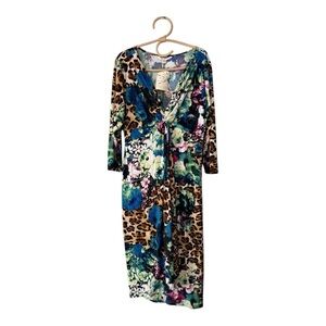 Boston Proper Animal Print Rose Jersey Faux Wrap Knotted Surplice MIDI Dress L